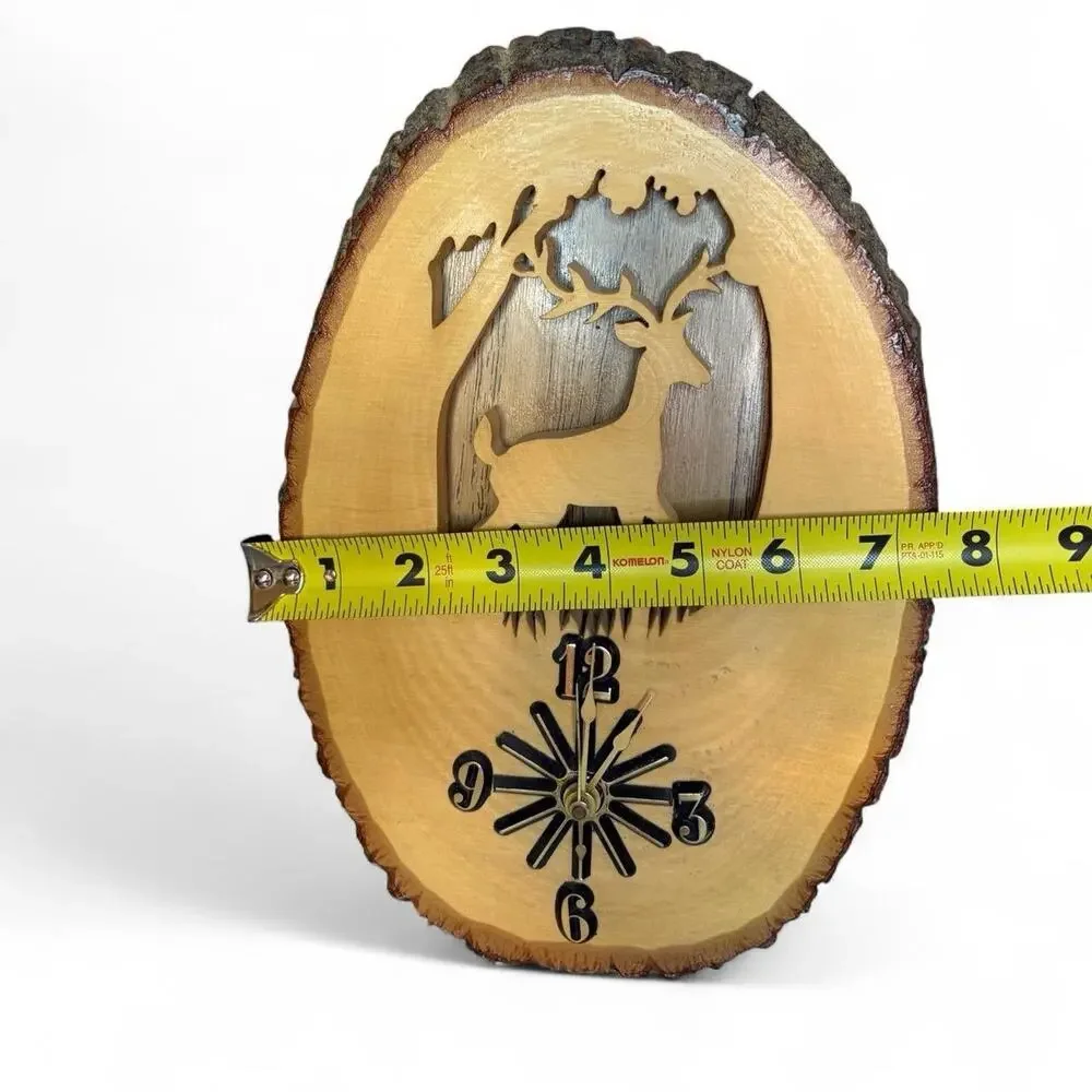 Vintage Hand Carved Wood Wall Clock Deer Forest Rustic Bark Edge Works